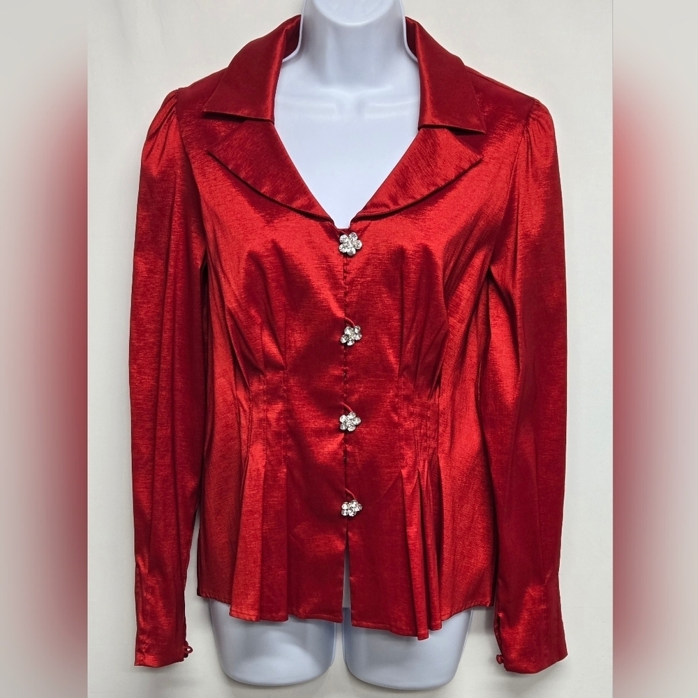 Chetta B 10 Shimmering Button Down Top Dressy Floral Faux Diamond Beads Pleated